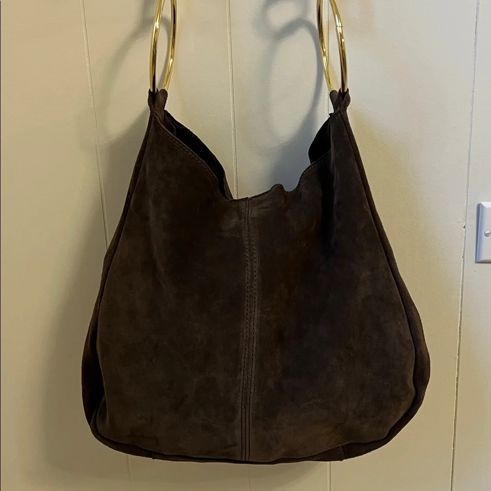 Claudia Firenze Suede Crossbody Slouchy Hobo Tote Bag Chocolate Brown Gold Ring